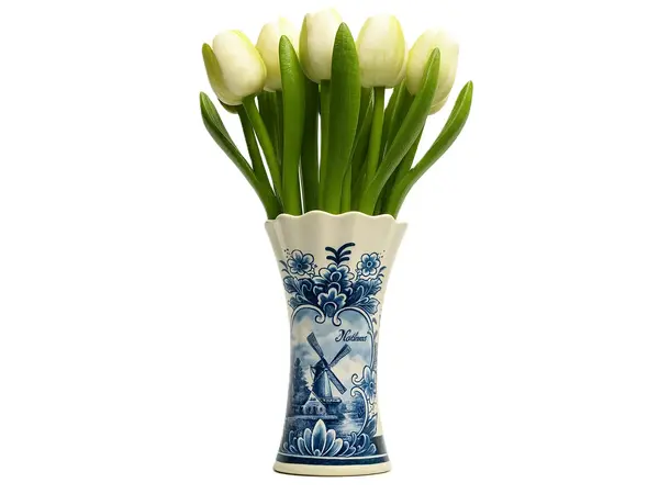 Weiße Holztulpen in einer Delfter-blauen Vase