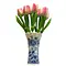 White - pink wooden tulips in a Delft blue vase