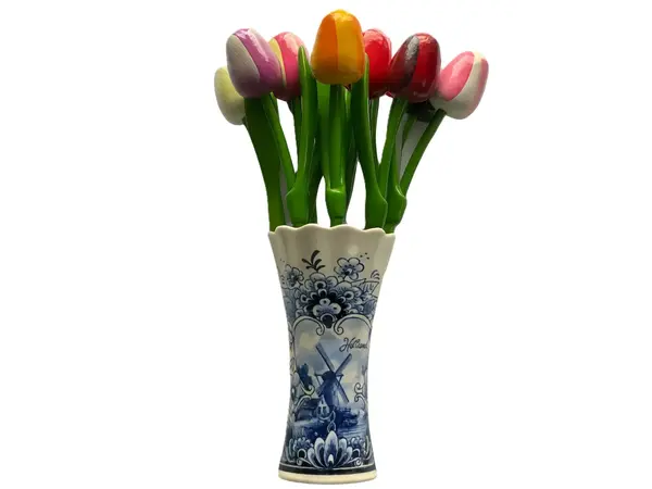 Wooden tulips in mixed colours in a Delft blue vase