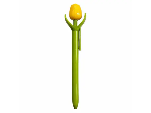 Yellow wooden tulip on a ballpoint pen