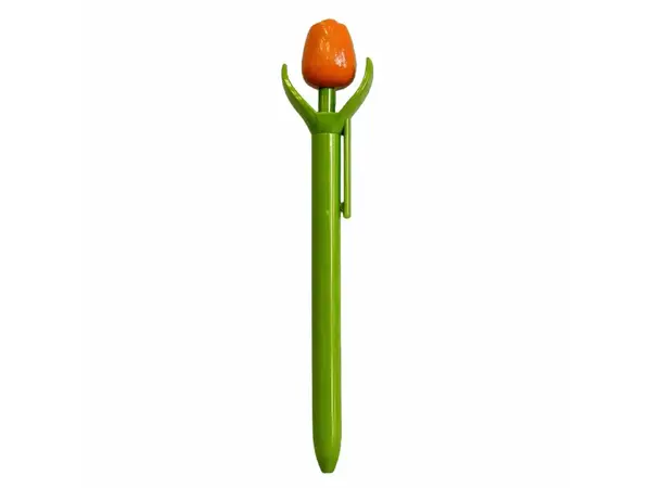 Oranje houten tulp op een balpen