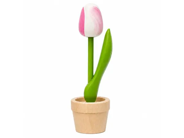 Weiße und rosa Holztulpe im Topf