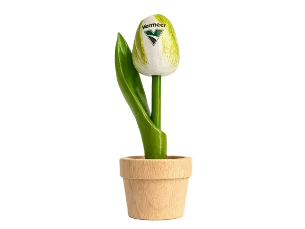 Wooden tulip with logo in a jar