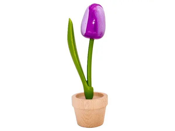 Große lila Holztulpe im Topf