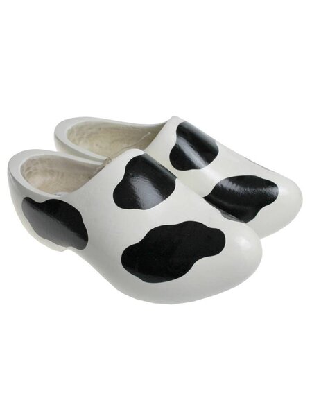 White children's wooden shoes with cow spots