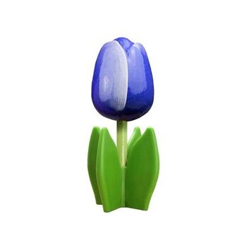 Blue wooden tulip on leaf
