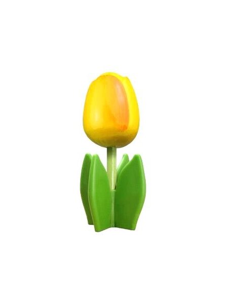 Gele houten tulp op een blad