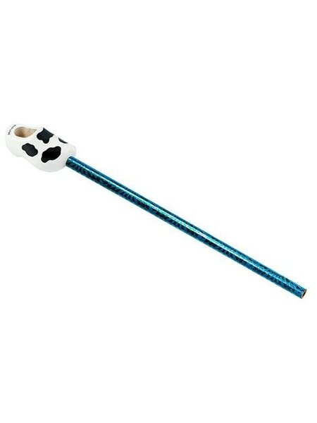 White souvenir clog on a pencil with cow spots