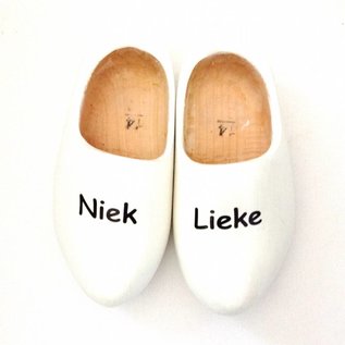 Wooden shoes with text