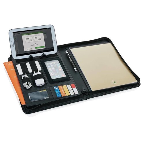 Essential Tech portfolio P772.621 met ritssluiting bedrukt met bedrijfslogo en tabletstandaard