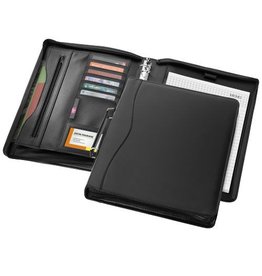 Ebony A4 portfolio met ritssluiting en handvat bedrukt met bedrijfslogo voor vergaderingen en zakelijk gebruik