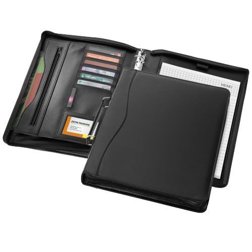 Ebony A4 portfolio met ritssluiting en handvat bedrukt met bedrijfslogo voor vergaderingen en zakelijk gebruik