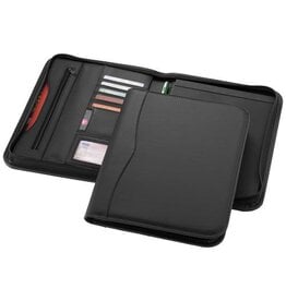 Ebony A4 portfolio met ritssluiting bedrukt met bedrijfslogo voor vergaderingen en zakelijk gebruik