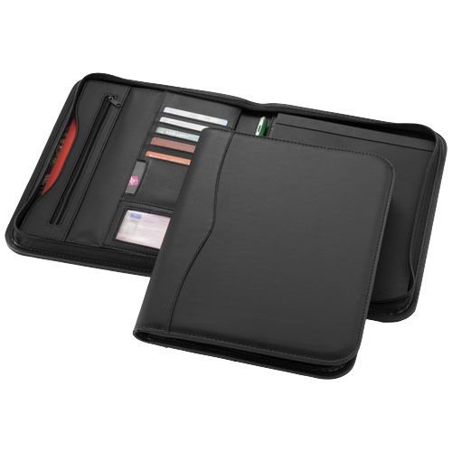 Ebony A4 portfolio met ritssluiting bedrukt met bedrijfslogo voor vergaderingen en zakelijk gebruik