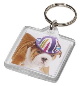 Vial vierkante kunststof sleutelhanger met metalen clip