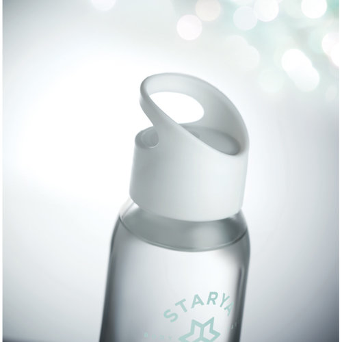 DeBle glazen drinkfles 470 ml met PP dop en draagopening bedrukt met logo