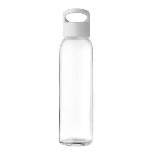 DeBle glazen drinkfles 470 ml met PP dop en draagopening bedrukt met logo