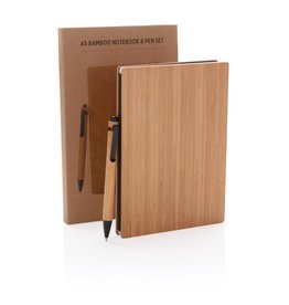 A5 bamboe notitieboek & pen set P772.159 met 180 pagina's gerecycled papier, bamboe balpen en luxe geschenkverpakking