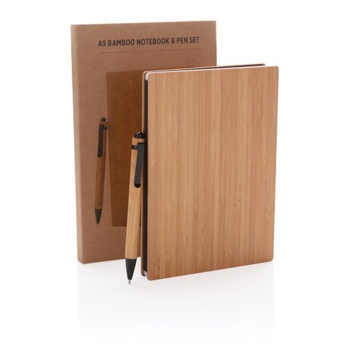 A5 bamboe notitieboek & pen set P772.159 met 180 pagina's gerecycled papier, bamboe balpen en luxe geschenkverpakking