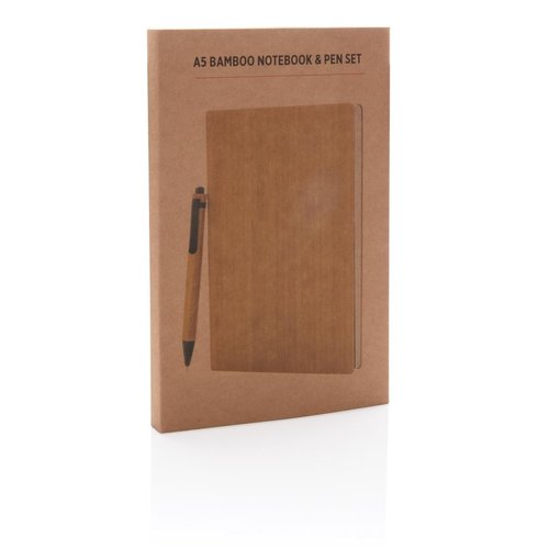 A5 bamboe notitieboek & pen set P772.159 met 180 pagina's gerecycled papier, bamboe balpen en luxe geschenkverpakking