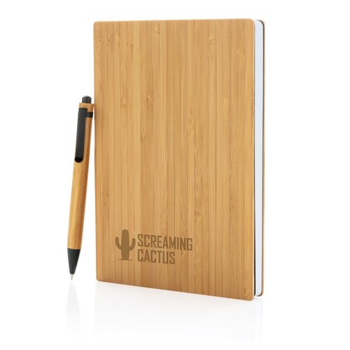 A5 bamboe notitieboek & pen set P772.159 met 180 pagina's gerecycled papier, bamboe balpen en luxe geschenkverpakking