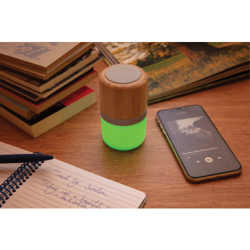 Draadloze bamboe 3W speaker met sfeerlicht P329343 met logo bedrukken DeBle