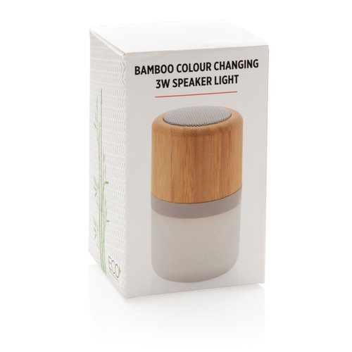 Draadloze bamboe 3W speaker met sfeerlicht P329343 met logo bedrukken DeBle