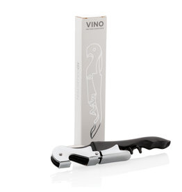 Zwarte Vino sommelier kurkentrekker P911.051 gegraveerd met logo