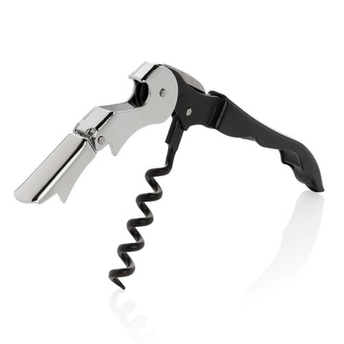 Zwarte Vino sommelier kurkentrekker P911.051 gegraveerd met logo