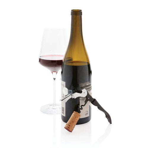 Zwarte Vino sommelier kurkentrekker P911.051 gegraveerd met logo