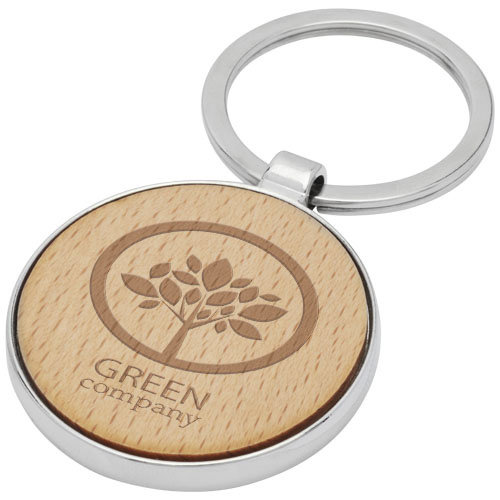 Moreno ronde beukenhouten sleutelhanger 11812371 gegraveerd met logo