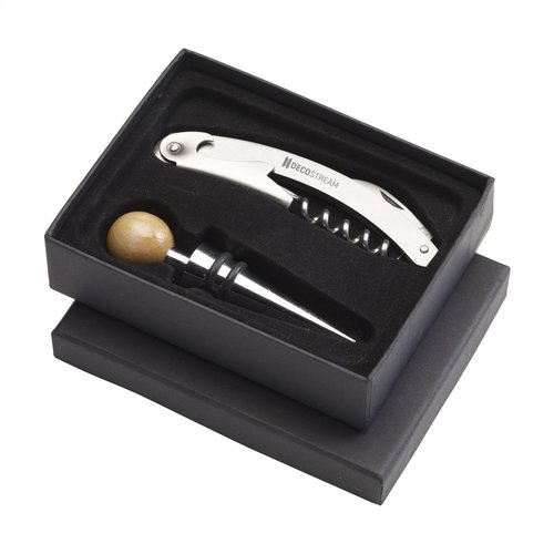 Vindeux wijngeschenkset 265063 met kelnermes en flessenstop gegraveerd met logo