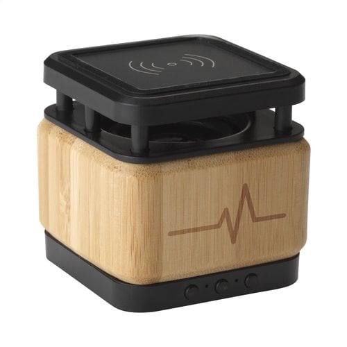 Bamboo Block Speaker met draadloze oplader 265893 gegraveerd met logo