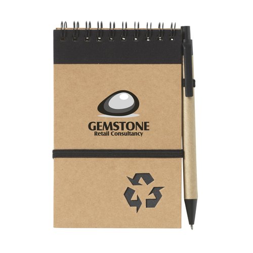 RecycleNote-M notitieboek met balpen 263641 bedrukt met logo