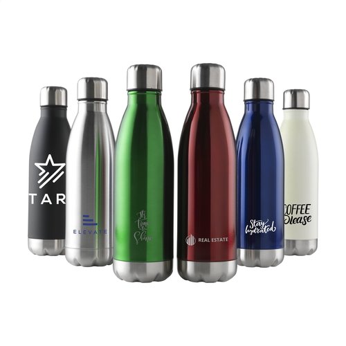 DeBle Topflask RVS waterfles 500 ml dubbelwandig en vacuüm geïsoleerd met metallic of matte finish en logo