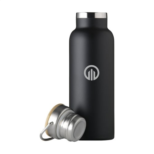 DeBle Nordvik RVS thermosfles 500 ml dubbelwandig met bamboe dop en logo, herbruikbare vacuüm geïsoleerde drinkfles