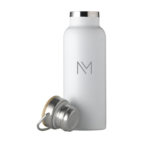 DeBle Nordvik RVS thermosfles 500 ml dubbelwandig met bamboe dop en logo, herbruikbare vacuüm geïsoleerde drinkfles