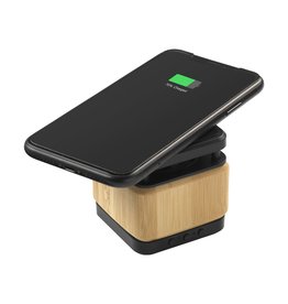 Bamboo Block Speaker met draadloze oplader 265893 gegraveerd met logo