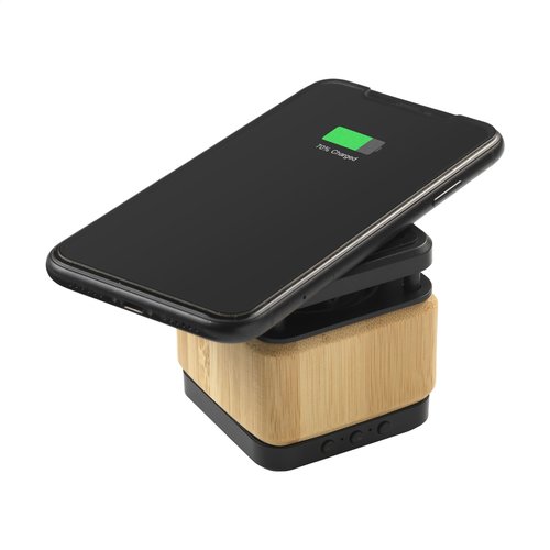 Bamboo Block Speaker met draadloze oplader 265893 gegraveerd met logo