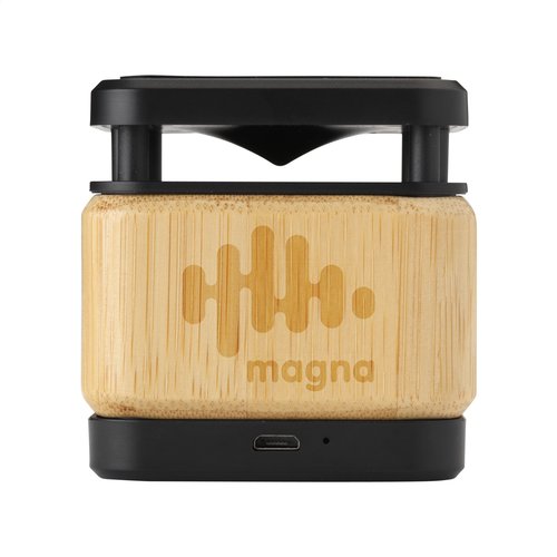 Bamboo Block Speaker met draadloze oplader 265893 gegraveerd met logo