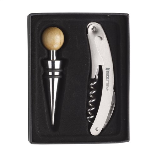Vindeux wijngeschenkset 265063 met kelnermes en flessenstop gegraveerd met logo