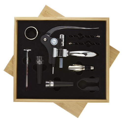 Malbick 9-delige wijnset 11314506 in bamboe geschenkbox bedrukt met logo