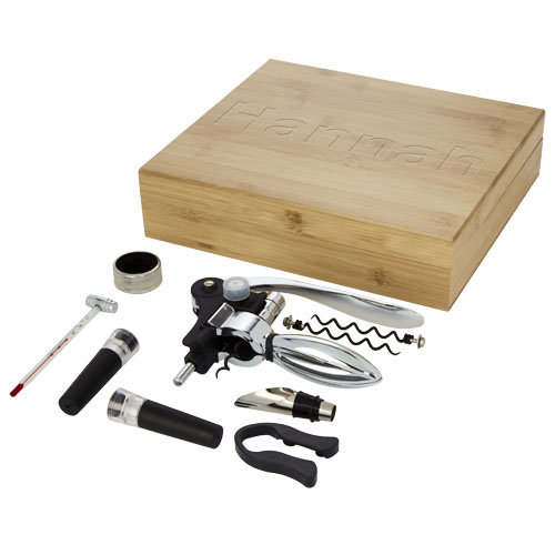 Malbick 9-delige wijnset 11314506 in bamboe geschenkbox bedrukt met logo