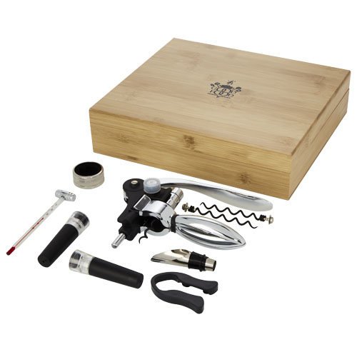 Malbick 9-delige wijnset 11314506 in bamboe geschenkbox bedrukt met logo