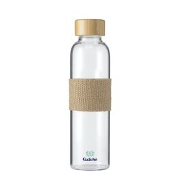 DeBle Senga Glass Bamboo 500 ml glazen drinkfles met bamboe dop en jute sleeve, waterfles met logo
