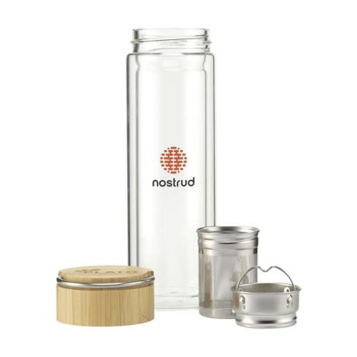 DeBle Nara Tea Bottle 300 ml dubbelwandige glazen drinkfles met RVS infuser en bamboe dop, theefles met logo