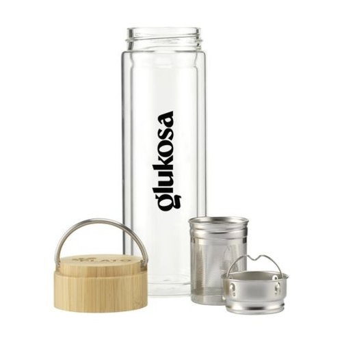 DeBle Nara Tea Bottle 300 ml dubbelwandige glazen drinkfles met RVS infuser en bamboe dop, theefles met logo