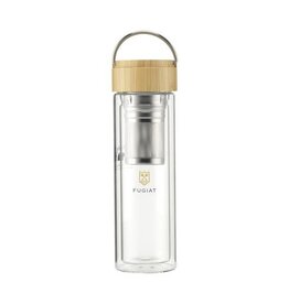 DeBle Nara Tea Bottle 300 ml dubbelwandige glazen drinkfles met RVS infuser en bamboe dop, theefles met logo