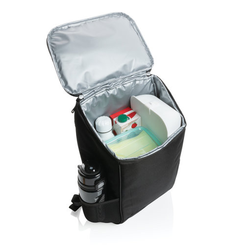 Swiss Peak Aware™ 1200D deluxe koelrugzak P422.431 van gerecycled polyester met ruim koelvak en AWARE™ tracer, bedrukt met logo