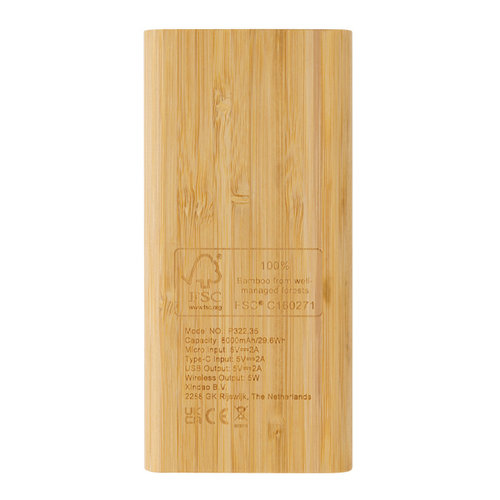 DeBle FSC® Bamboe Draadloze Powerbank 8.000 mAh P322.359 bedrukken met logo
